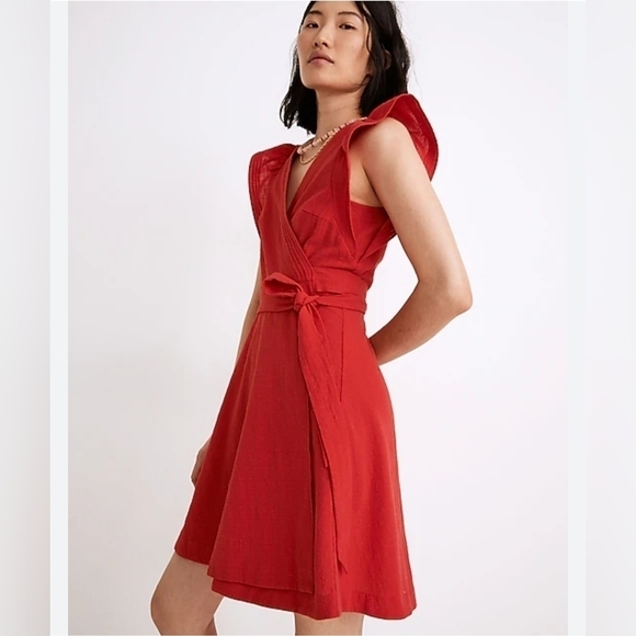 MADEWELL Ruffle-Sleeve Wrap Mini Dress, Color Ripe Persimmon,  Sz XS - Picture 1 of 11
